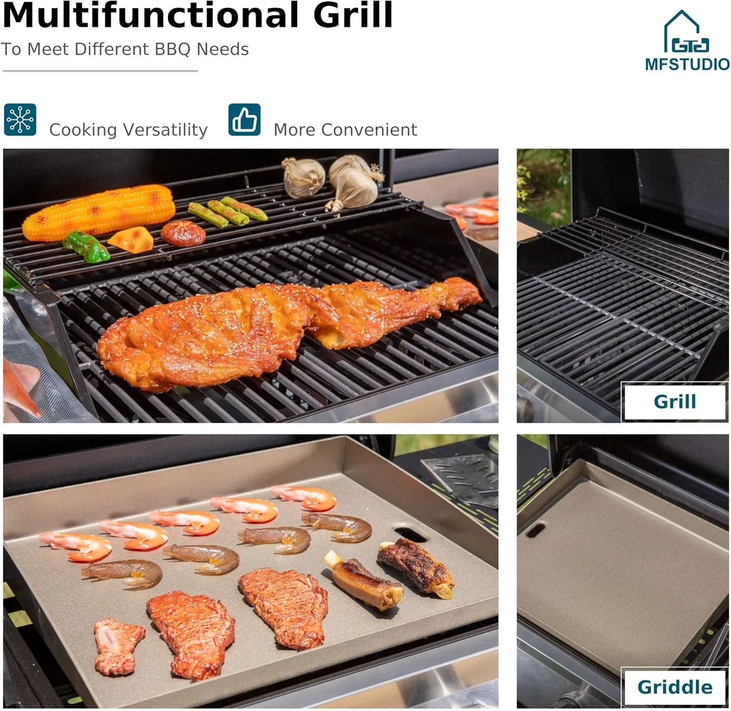 MFSTUDIO 5 Burner Gas Grill Griddle Combo with Porcelain-Enameled Cast Iron Grates,Cutting Board and Double Lids, Duel-Function Propane BBQ Grills with Flat Top Grddle for Outdoor Barbecue Cooking