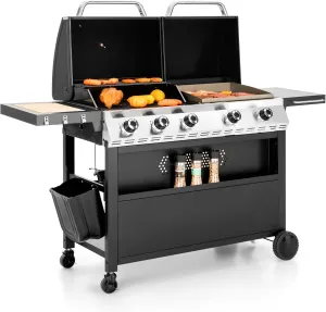 MFSTUDIO 5 Burner Gas Grill Griddle Combo with Porcelain-Enameled Cast Iron Grates,Cutting Board and Double Lids, Duel-Function Propane BBQ Grills with Flat Top Grddle for Outdoor Barbecue Cooking