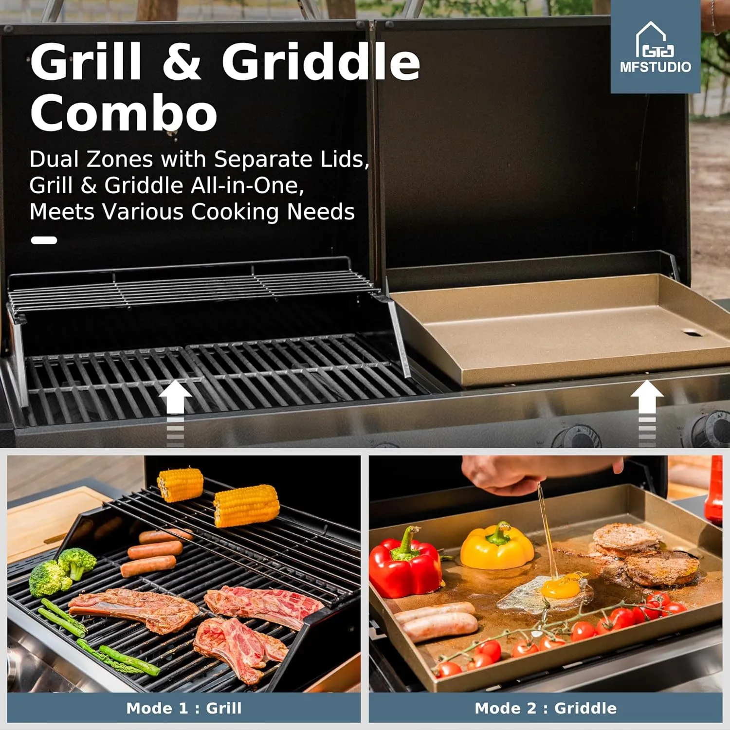 MFSTUDIO 5 Burner Gas Grill Griddle Combo with Porcelain-Enameled Cast Iron Grates,Cutting Board and Double Lids, Duel-Function Propane BBQ Grills with Flat Top Grddle for Outdoor Barbecue Cooking