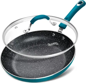 MICHELANGELO Nonstick Frying Pan with Lid, Enameled 10 Inch Frying Pan Non Stick Fry Pan with Silicone Handle, Non-Toxic Skillet with Granite Interior, Cyan