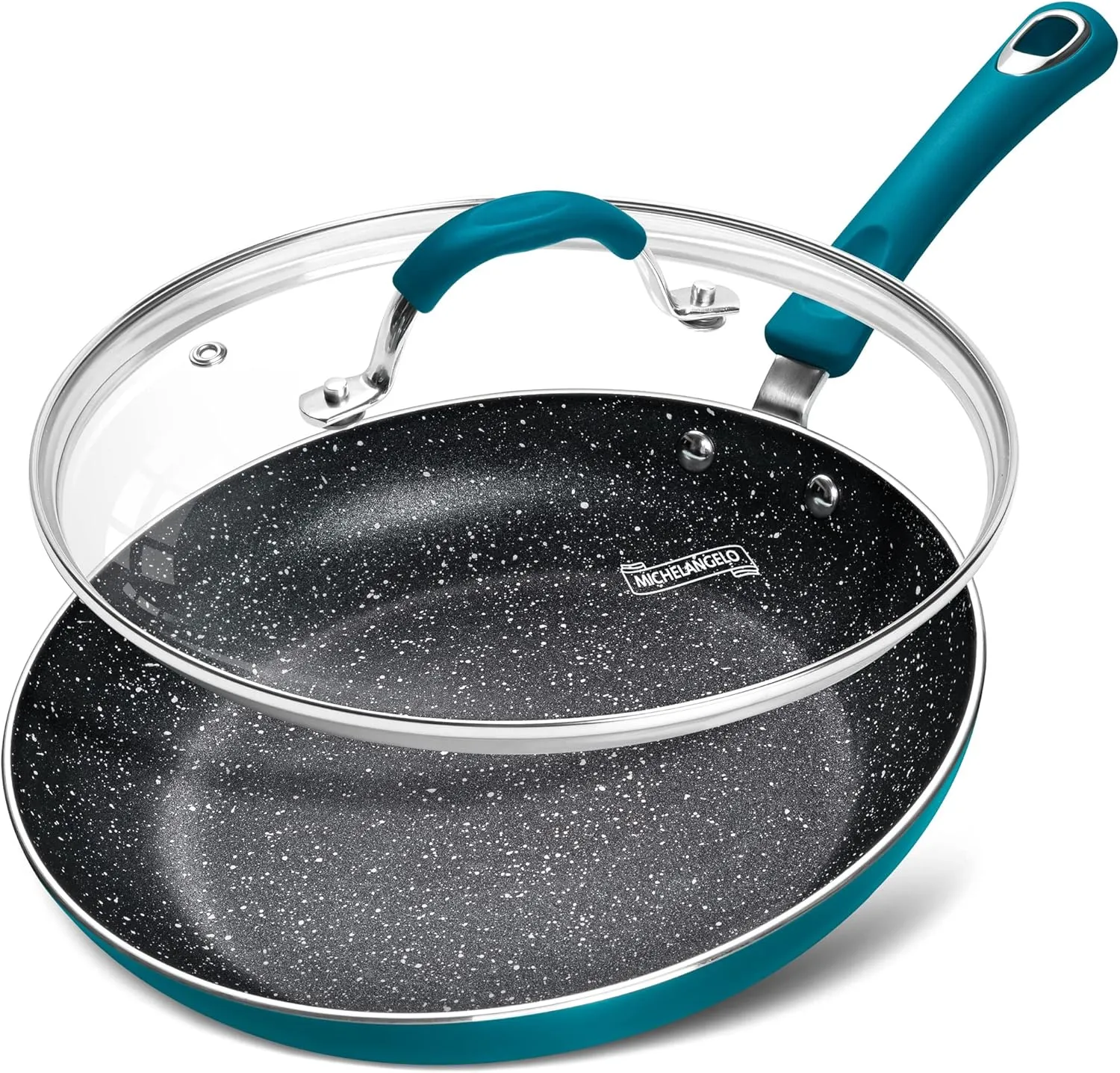 MICHELANGELO Nonstick Frying Pan with Lid, Enameled 10 Inch Frying Pan Non Stick Fry Pan with Silicone Handle, Non-Toxic Skillet with Granite Interior, Cyan