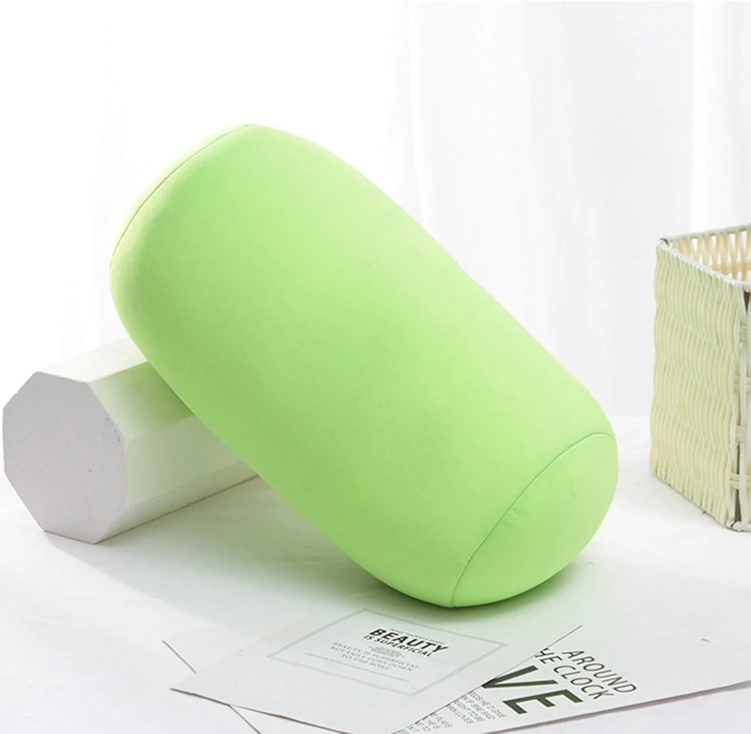 Microbead Roll Neck Pillows Comfy Bean Bag Pillow Mooshi Foam Bolster Tube Cushion Back Head Lumbar Support Sleeping Throw Pillows for Travel Airplane Car Sofa Bed (Green, 12.6''X6.3'')