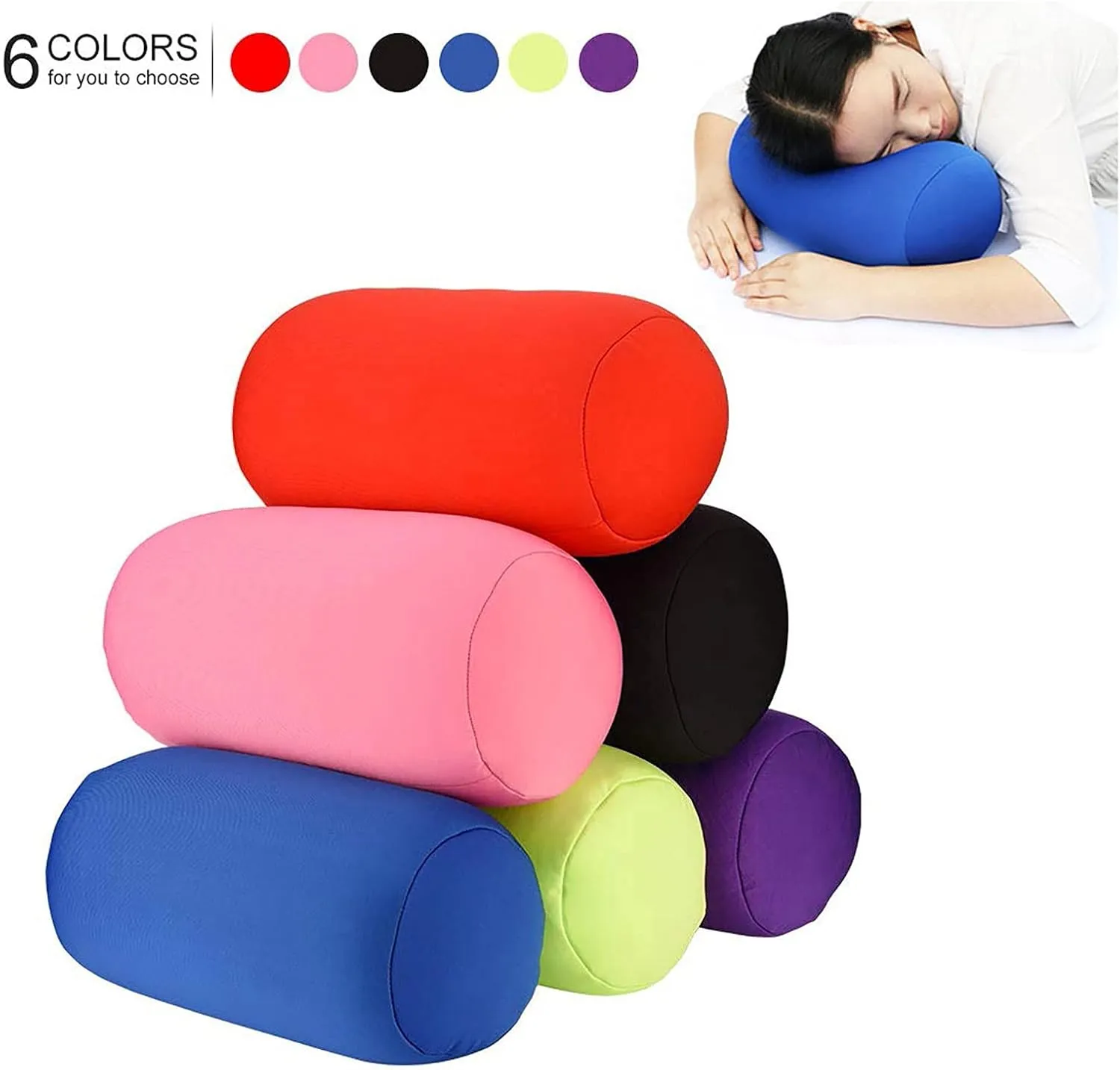 Microbead Roll Neck Pillows Comfy Bean Bag Pillow Mooshi Foam Bolster Tube Cushion Back Head Lumbar Support Sleeping Throw Pillows for Travel Airplane Car Sofa Bed (Green, 12.6''X6.3'')