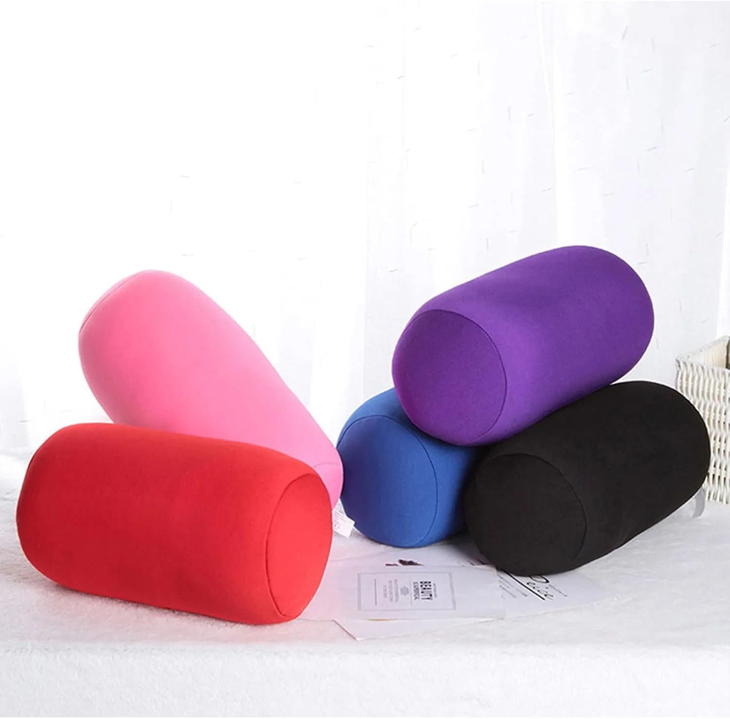 Microbead Roll Neck Pillows Comfy Bean Bag Pillow Mooshi Foam Bolster Tube Cushion Back Head Lumbar Support Sleeping Throw Pillows for Travel Airplane Car Sofa Bed (Green, 12.6''X6.3'')