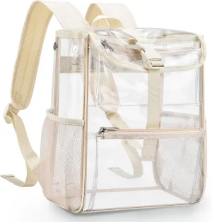 Mildbeer Clear Stadium Backpack for Sports Events & Concerts - 12x12x6 Compact PVC Flap Backpack with Multi-Pocket Design, Beige