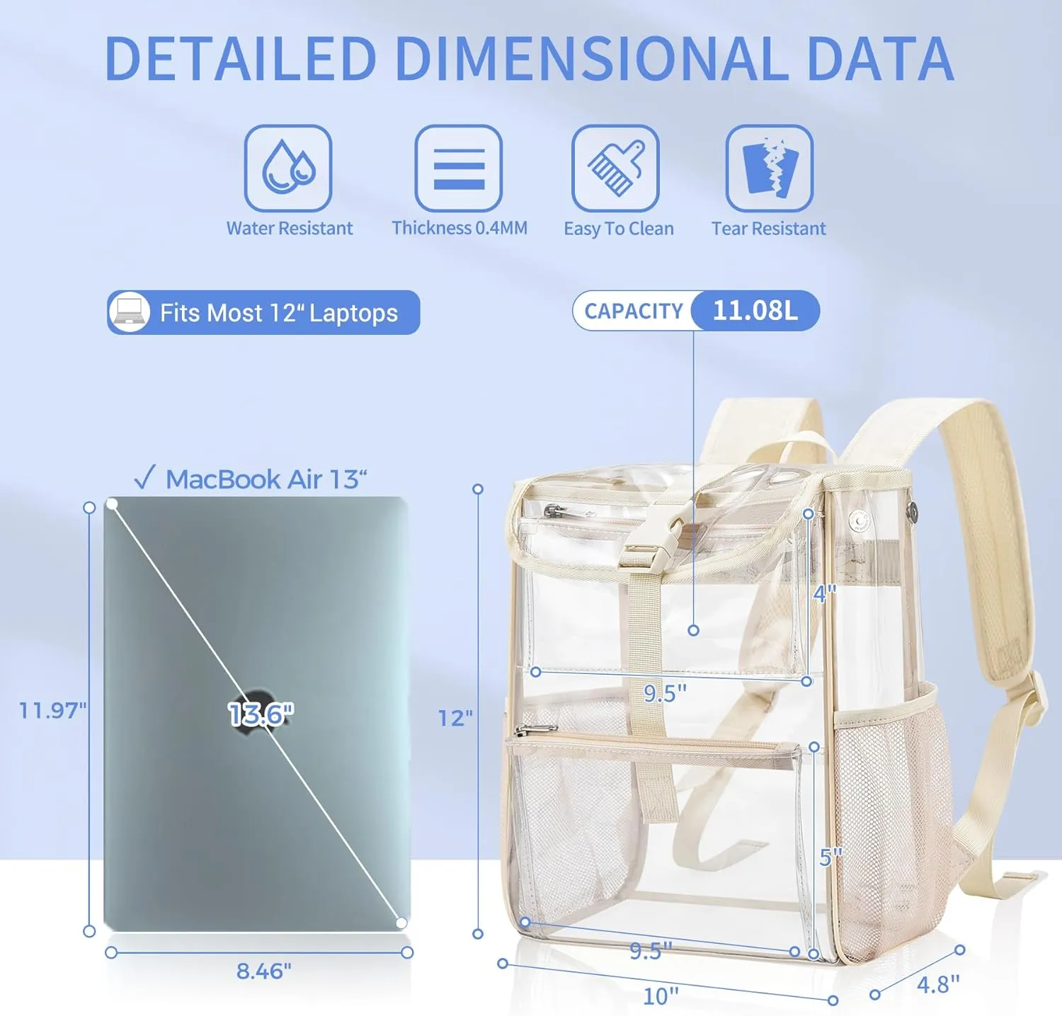 Mildbeer Clear Stadium Backpack for Sports Events & Concerts - 12x12x6 Compact PVC Flap Backpack with Multi-Pocket Design, Beige