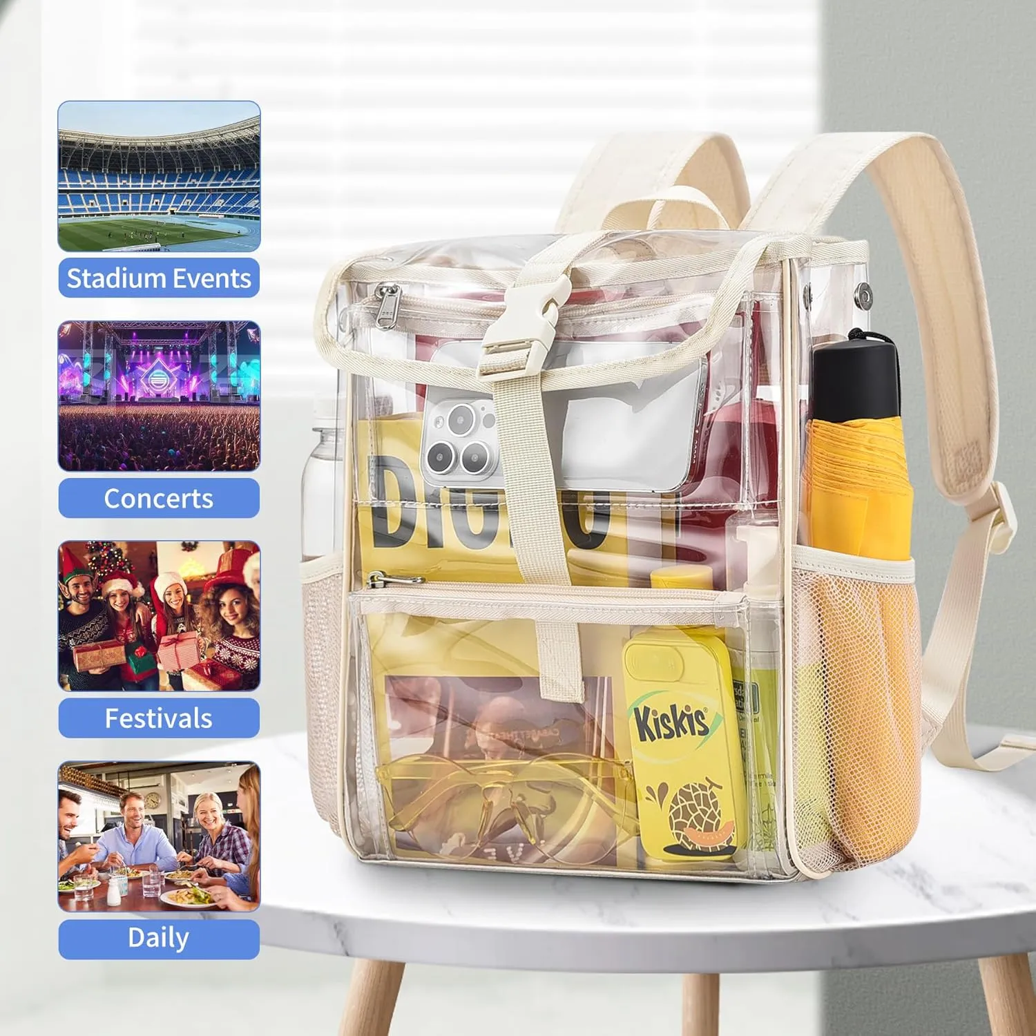 Mildbeer Clear Stadium Backpack for Sports Events & Concerts - 12x12x6 Compact PVC Flap Backpack with Multi-Pocket Design, Beige