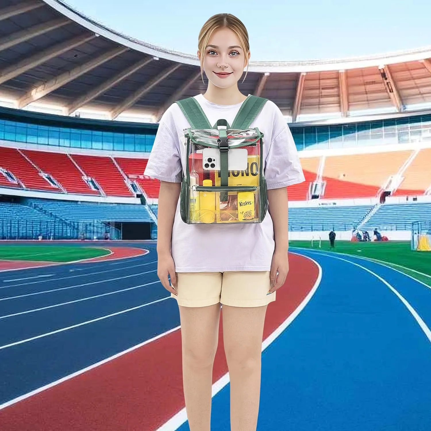 Mildbeer Clear Stadium Backpack for Sports Events & Concerts - 12x12x6 Compact PVC Flap Backpack with Multi-Pocket Design, Green