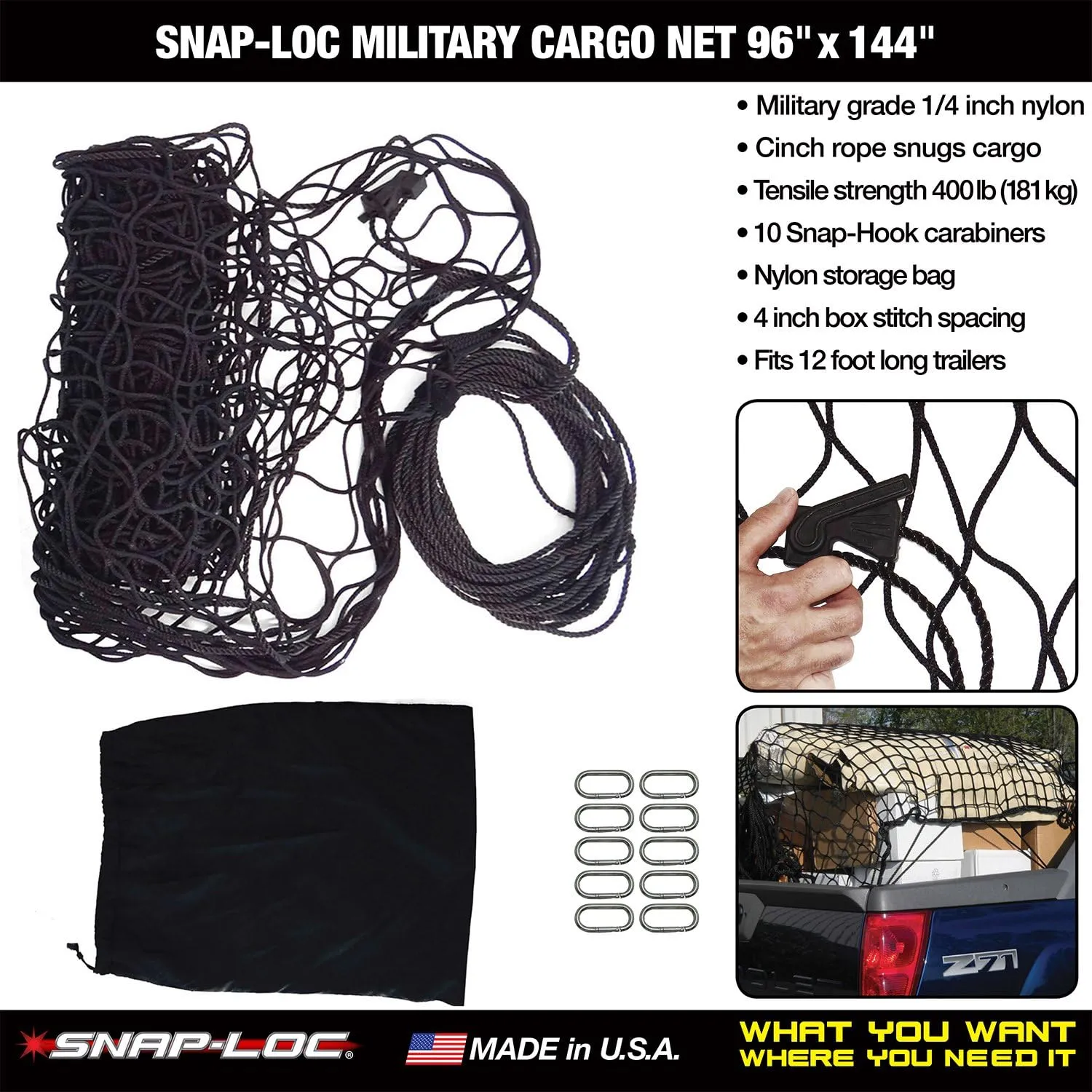 Military Cargo NET 96"x144" (USA!) with 4" Squares, Cinch Rope, 10 Snap-Hook and Storage Bag