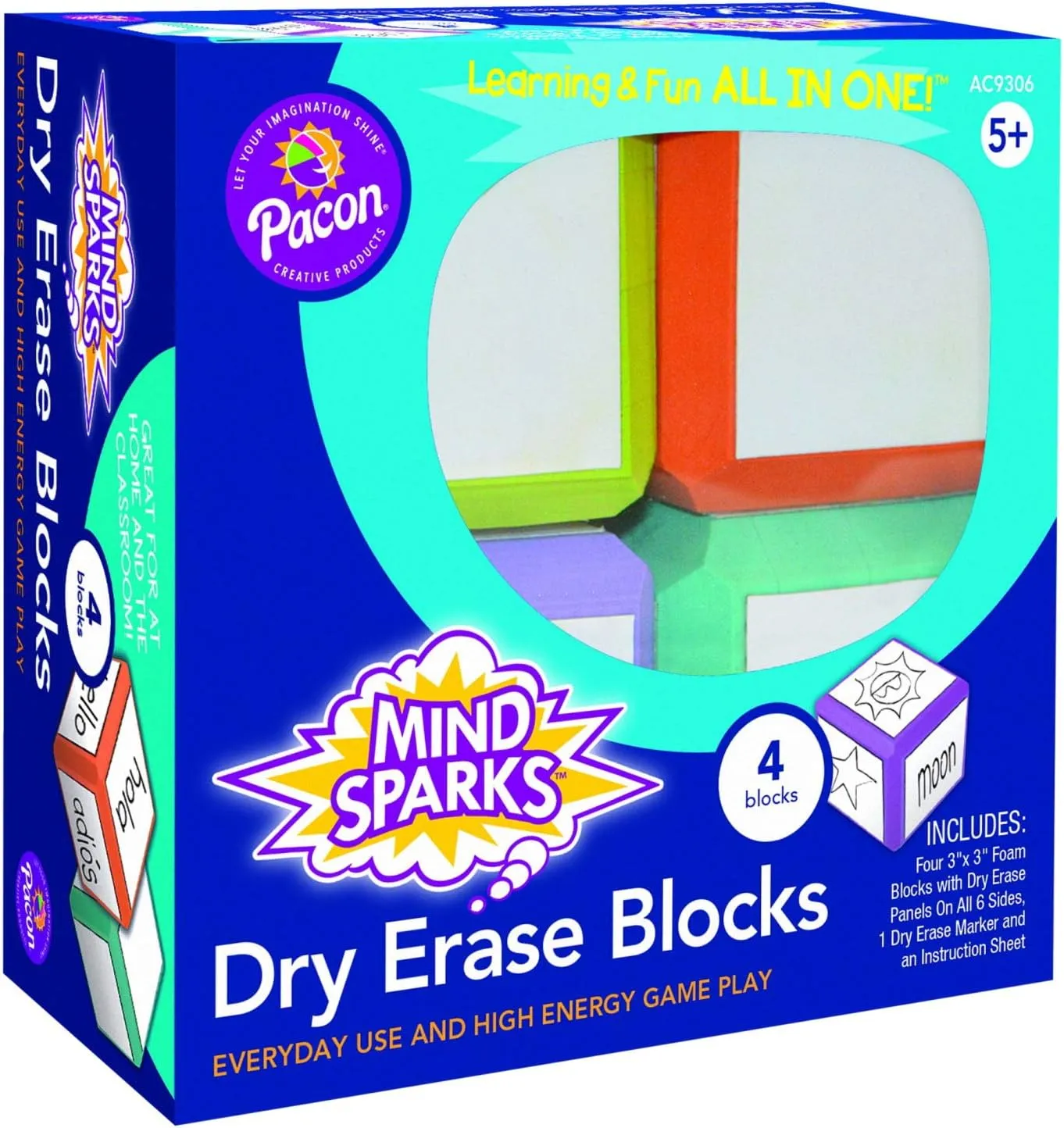 Mind Sparks Dry Erase Blocks, Colors May Vary, 3" x 3", 4 Blocks