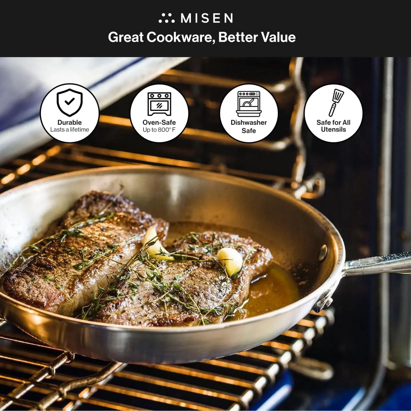 Misen 5-Ply Stainless Steel Cookware Set - Versatile, Dishwasher Safe - 9-Piece Set - 10" Skillet, 12" Skillet, 3 QT Saute Pan & 6 QT Rondeau   Lids, 2 QT & 3 QT Saucier   Lids, 8 QT Stockpot   Lid