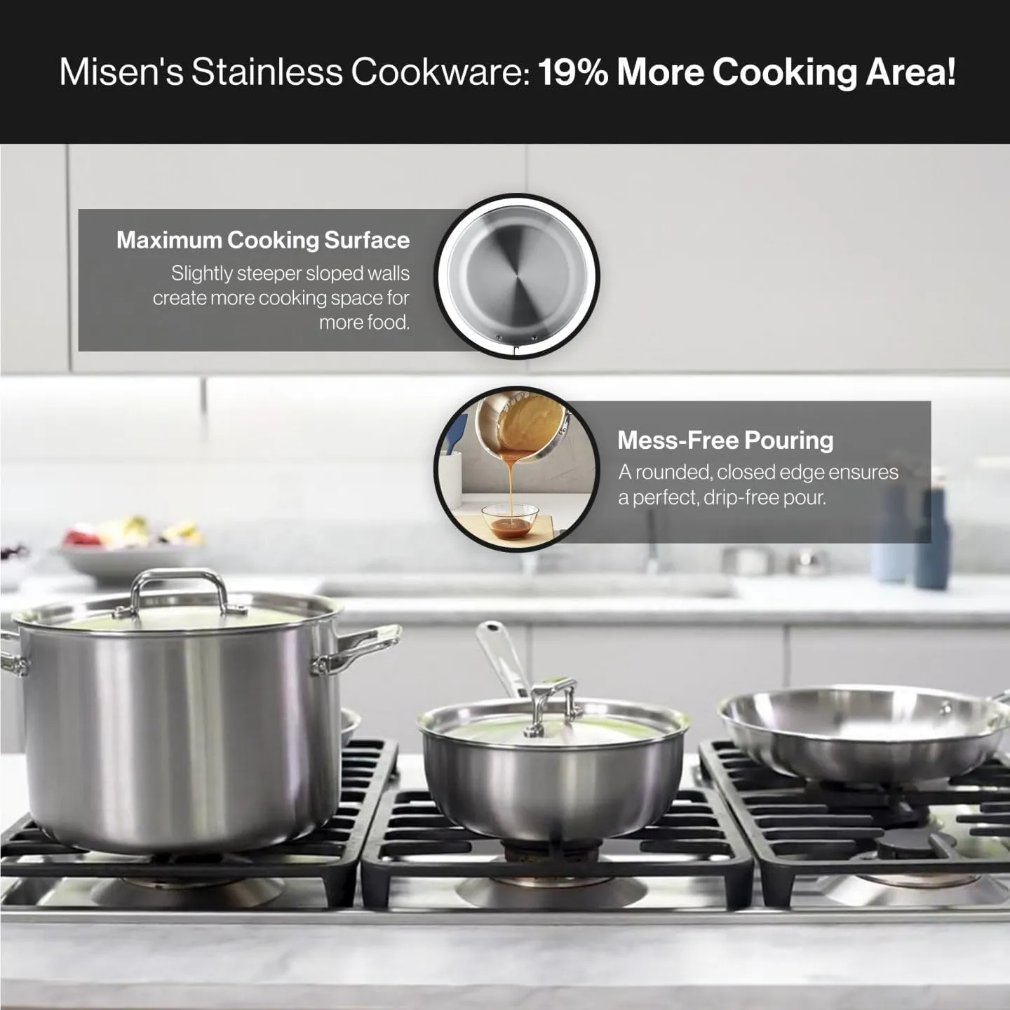 Misen 5-Ply Stainless Steel Cookware Set - Versatile, Dishwasher Safe - 9-Piece Set - 10" Skillet, 12" Skillet, 3 QT Saute Pan & 6 QT Rondeau   Lids, 2 QT & 3 QT Saucier   Lids, 8 QT Stockpot   Lid