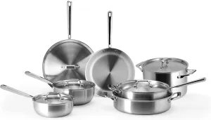 Misen 5-Ply Stainless Steel Cookware Set - Versatile, Dishwasher Safe - 9-Piece Set - 10" Skillet, 12" Skillet, 3 QT Saute Pan & 6 QT Rondeau   Lids, 2 QT & 3 QT Saucier   Lids, 8 QT Stockpot   Lid