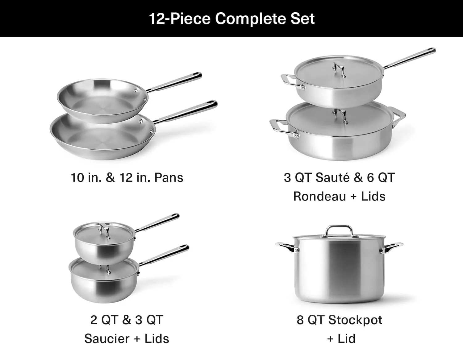 Misen 5-Ply Stainless Steel Cookware Set - Versatile, Dishwasher Safe - 9-Piece Set - 10" Skillet, 12" Skillet, 3 QT Saute Pan & 6 QT Rondeau   Lids, 2 QT & 3 QT Saucier   Lids, 8 QT Stockpot   Lid