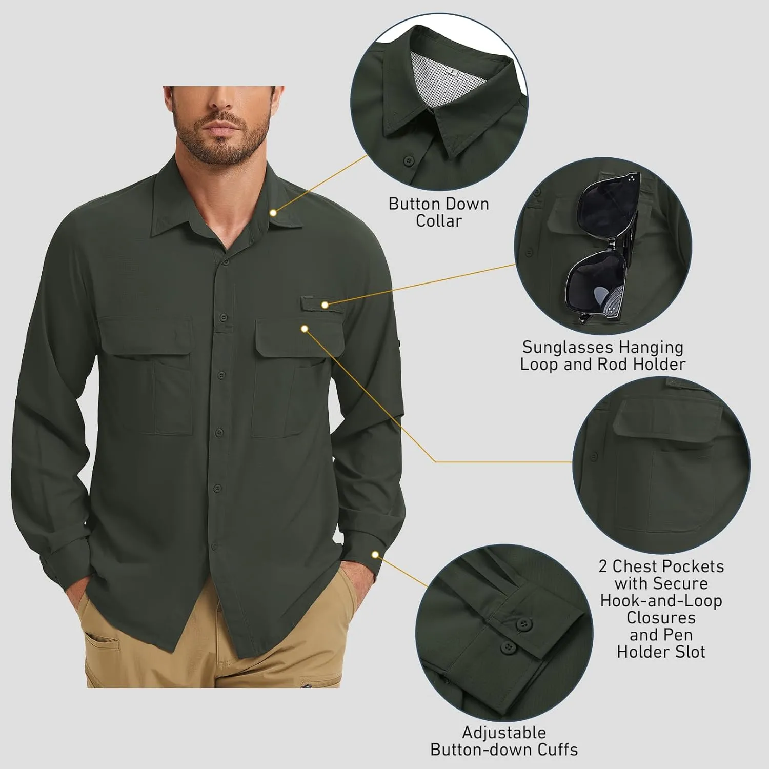 mixtiq Men’s Safari Sun UV Protection Shirts Loog Sleeve UPF 50  Quick Dry Lightweight Cooling Hiking Fishing Camping Shirts