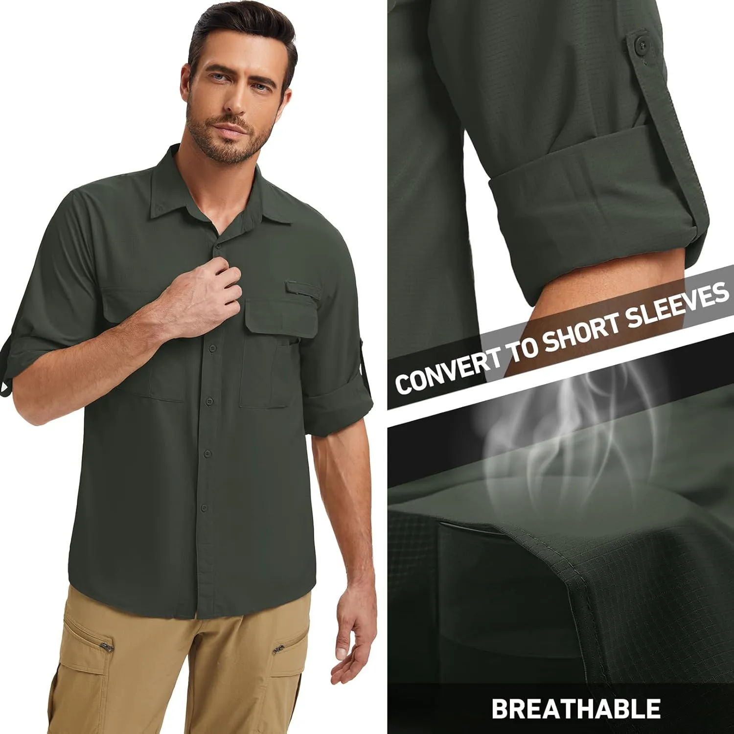 mixtiq Men’s Safari Sun UV Protection Shirts Loog Sleeve UPF 50  Quick Dry Lightweight Cooling Hiking Fishing Camping Shirts