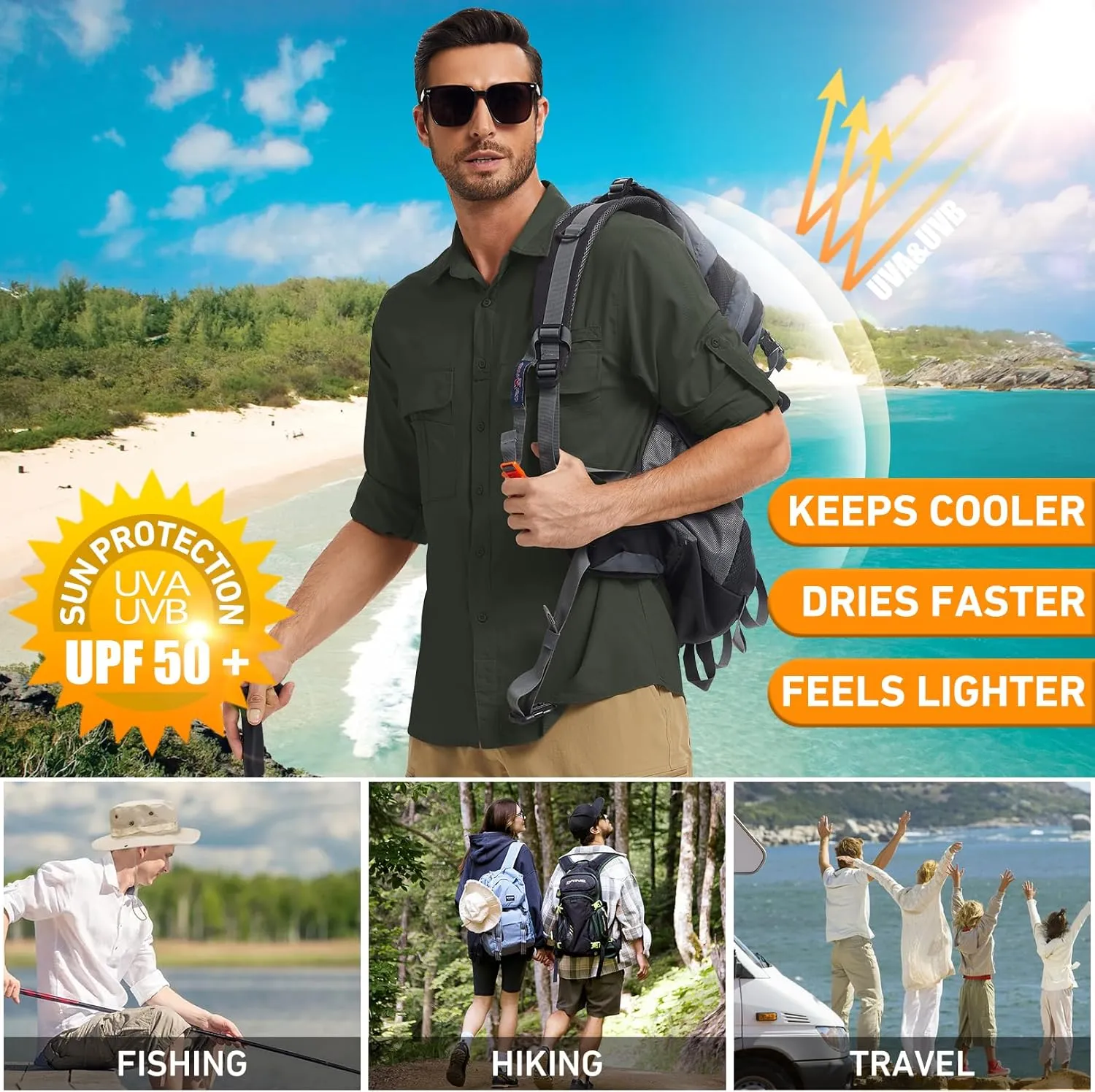 mixtiq Men’s Safari Sun UV Protection Shirts Loog Sleeve UPF 50  Quick Dry Lightweight Cooling Hiking Fishing Camping Shirts