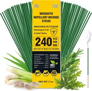 Mosquito Repellent Outdoor Patio, 240 PCS Natural Plant-Based Citronella Oil Incense Sticks Indoor Home Pet Family Safe, DEET Free Bug Insect Control Repellent for Yard Garden Camping Fishing