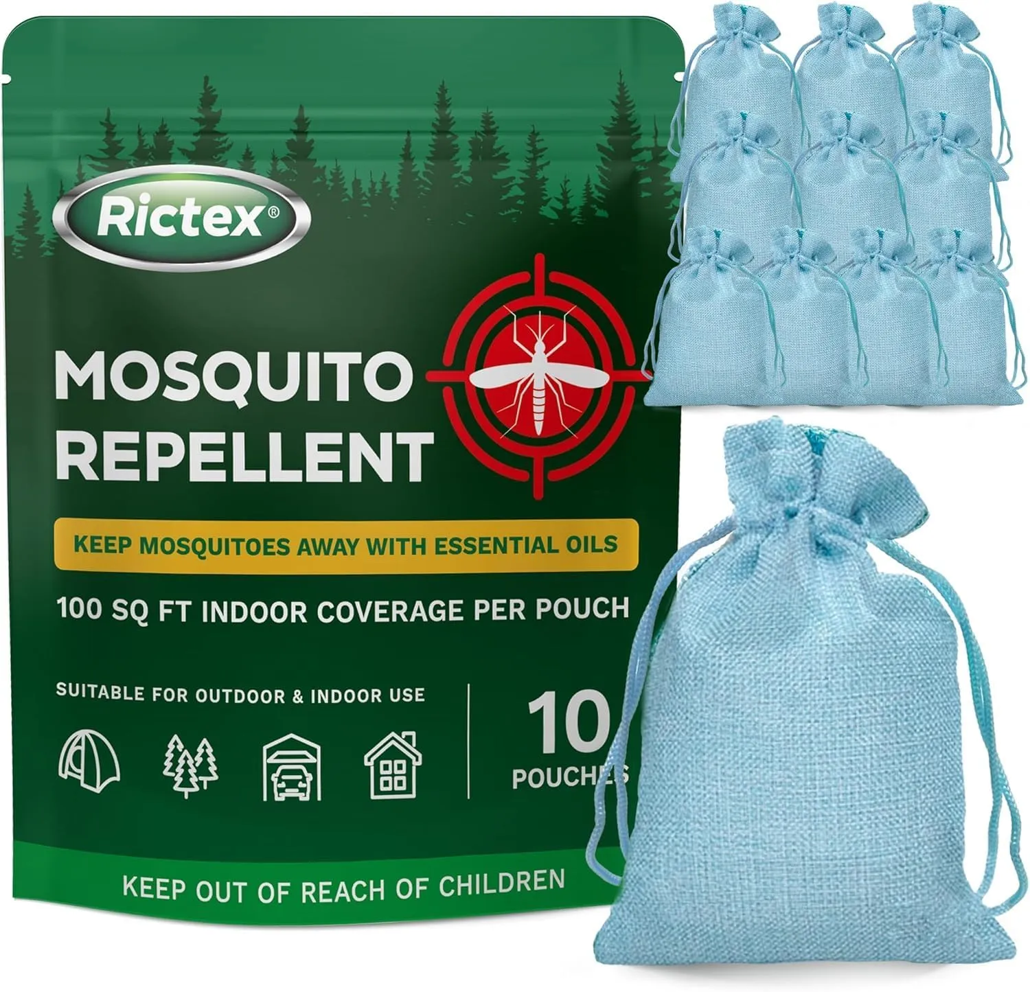 Mosquito Repellent Outdoor Patio Pouches: Natural Insect Deterrent with Citronella & Peppermint Oils - Safe for Kids & Pets - Ideal for Yard, Camping, Home & Indoor Use - 10 Hanging Portable Pouches