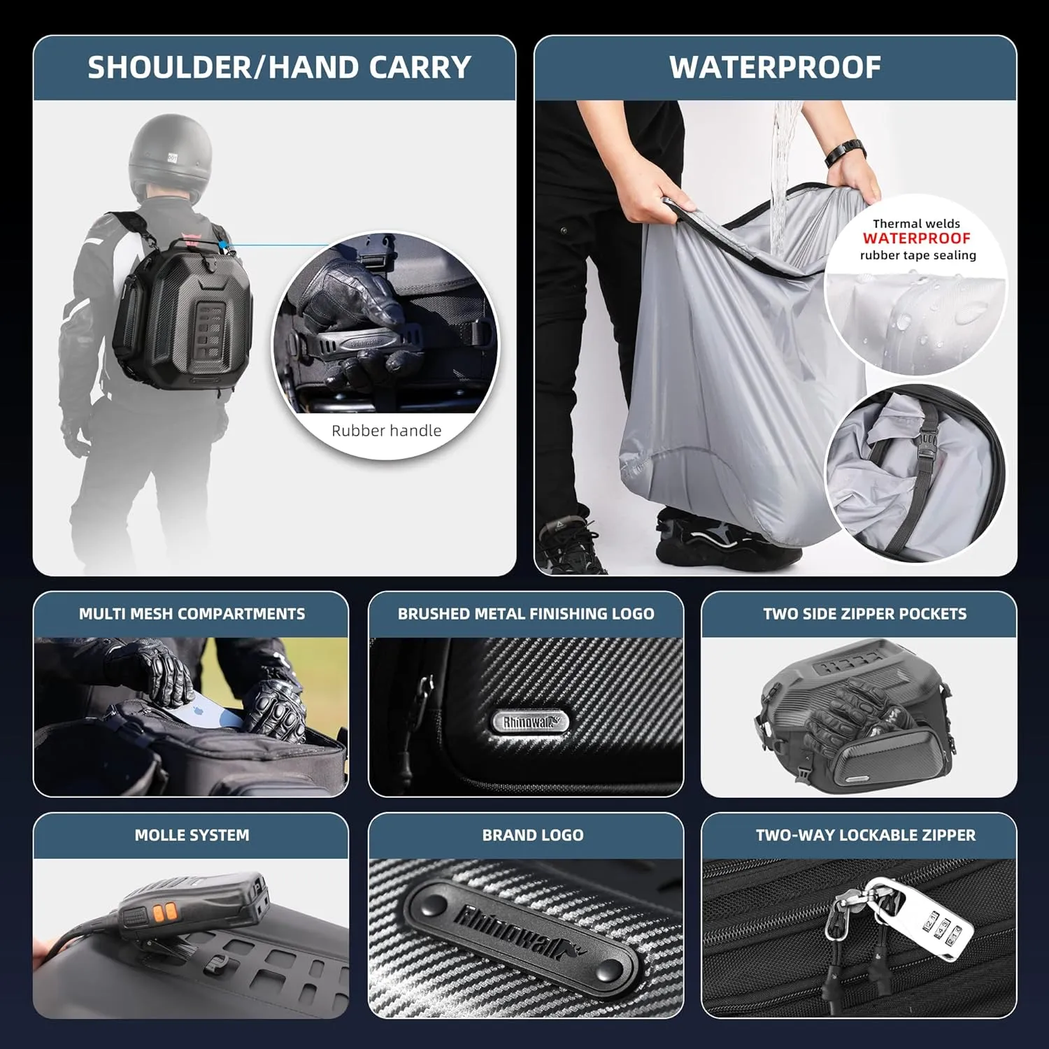 Motorcycle Tail Bag 23-35L Expandable Motorcycle Luggage Waterproof Motorbike Backpack Helmet Bag with Waterproof Rain Cover for Travel Carbon Fiber Black