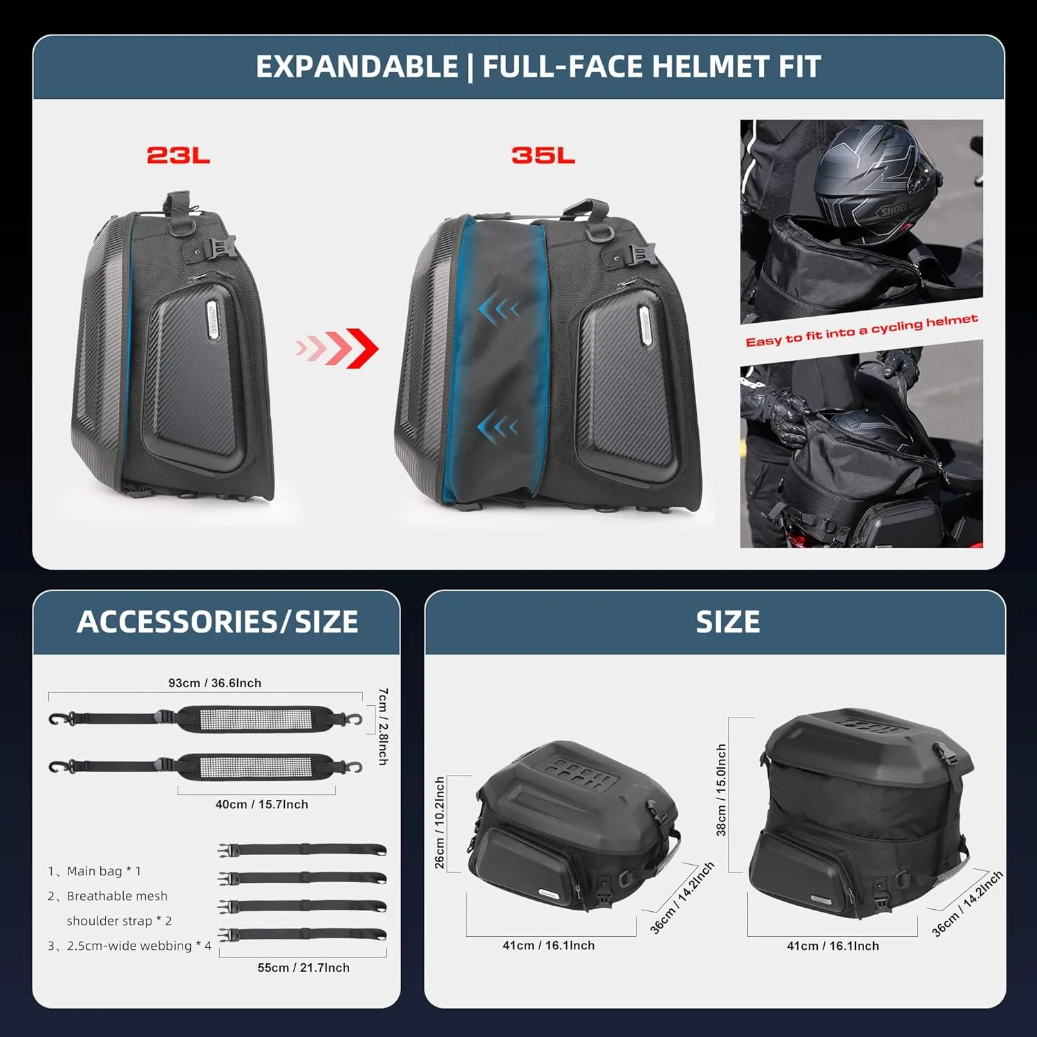 Motorcycle Tail Bag 23-35L Expandable Motorcycle Luggage Waterproof Motorbike Backpack Helmet Bag with Waterproof Rain Cover for Travel Carbon Fiber Black