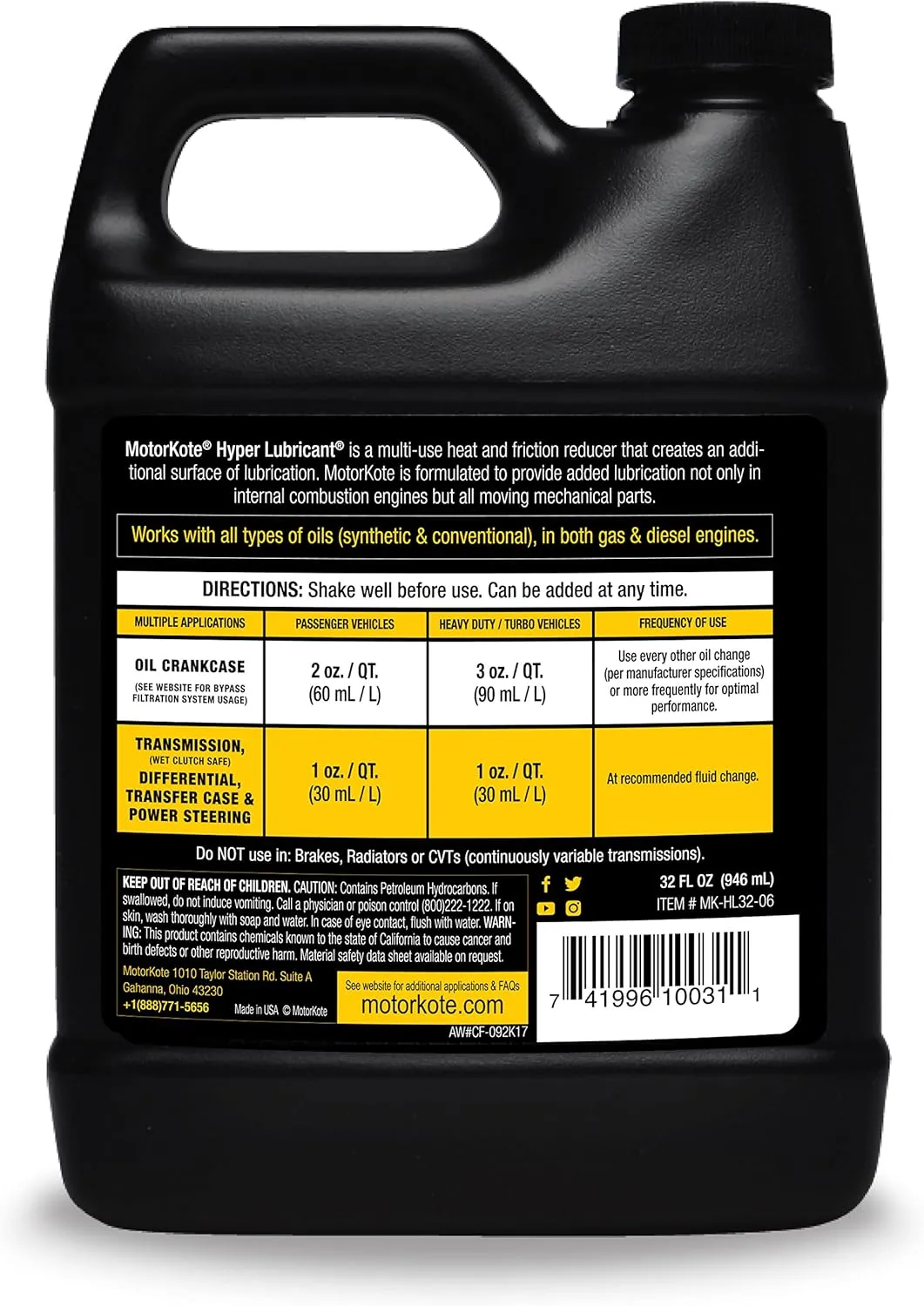 Motorkote MK-HL32-06 Heavy Duty Hyper Lubricant Engine Treatment, 32-Ounce, Single, Black