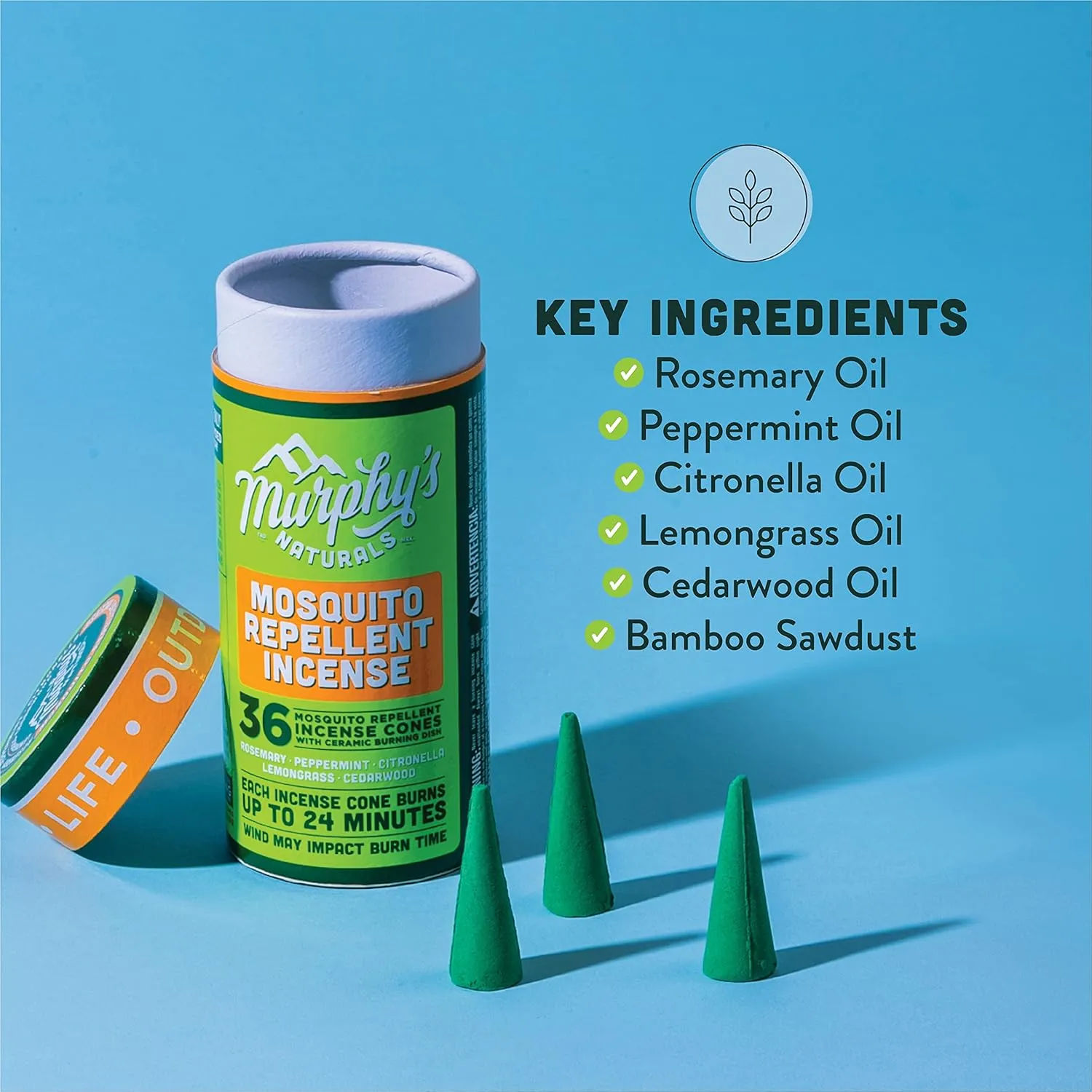 Murphy’s Naturals Mosquito Repellent Incense Cones for Outdoor Patio, DEET-Free, Plant-Based Bug Defense, 24  Minutes Burn Time Each, 72 Count