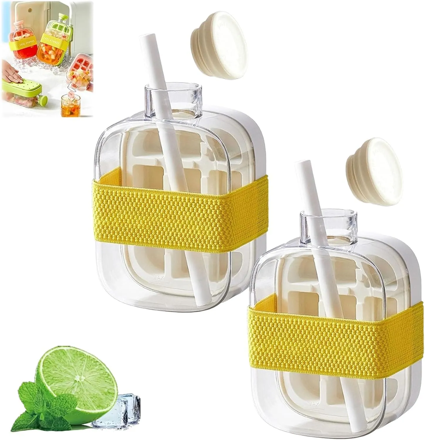 My Crush Cup Ice(17/28 oz), Cool Summer Ice Bottle Cup, 2 In 1 Touch-Free Silicone Kettle With Straw Portable, Easy Press to Release Vertical Ice Cube Tray (2*White, 17oz/500ml)