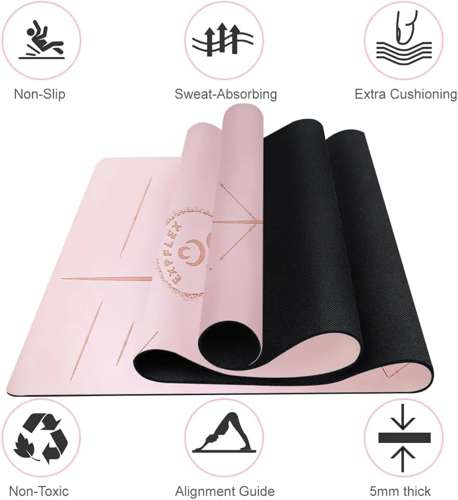 Natural Rubber Yoga Mat - Non Slip Non Toxic - 72’'x26.8''x5mm - Hot Yoga, Pilates, Floor Workout - For Women and Men - with Carrying Bag