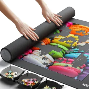 Newverest Jigsaw Puzzle Mat Roll Up, Saver Pad 39.4” x 23.6” Portable Keeper Up to 1000 Pieces with Non-Slip Rubber Bottom and Polyester Top   3 Puzzle Sorting Trays, Travel-Friendly Storage Bag