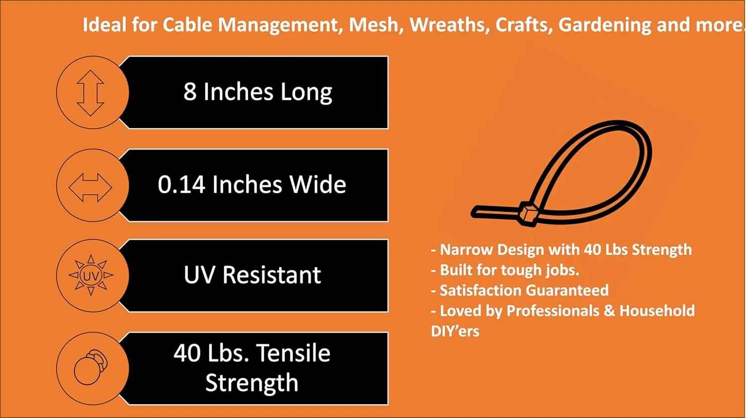 Nirah Black Zip Ties 8 inch (5000 Bulk Pack), 40lbs Tensile Strength, Black Cable Ties, Self Locking UV Resistant Wire Ties for indoor and outdoor use