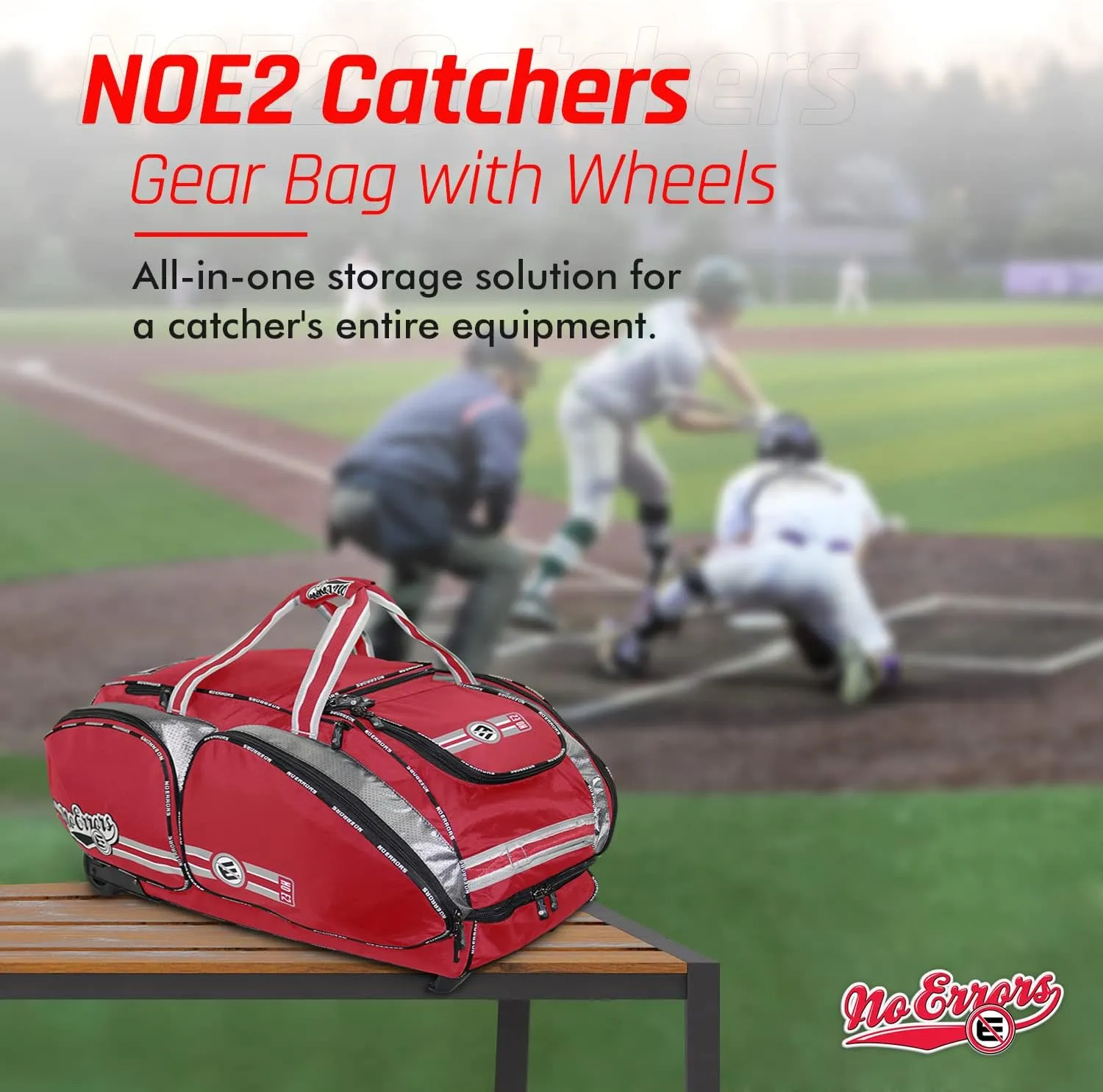 No Errors NO E2 Wheeled Catchers Gear Bag - Large Baseball and Softball Bag for Catcher’s Equipment with Fatboy Wheels