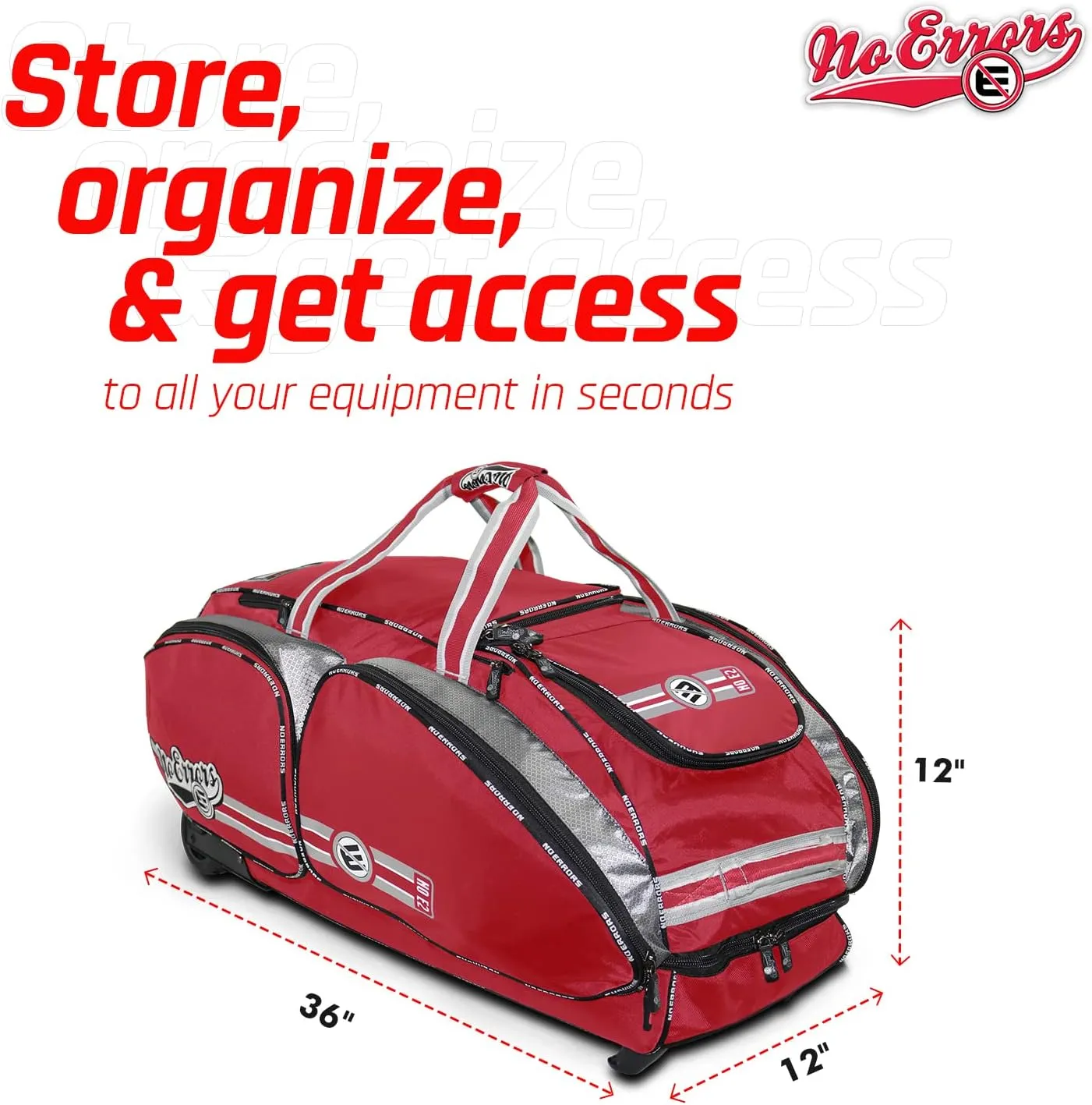 No Errors NO E2 Wheeled Catchers Gear Bag - Large Baseball and Softball Bag for Catcher’s Equipment with Fatboy Wheels