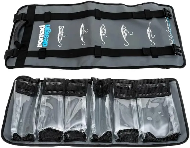 Nomad Design Lure Roll - Large & Medium Sizes with 10 and 6 Pockets Respectively, Portable Waterproof Tarpaulin Fish Lure Bag - Heavy Duty PVC Window, Mesh Cleaning & Drying Tabs