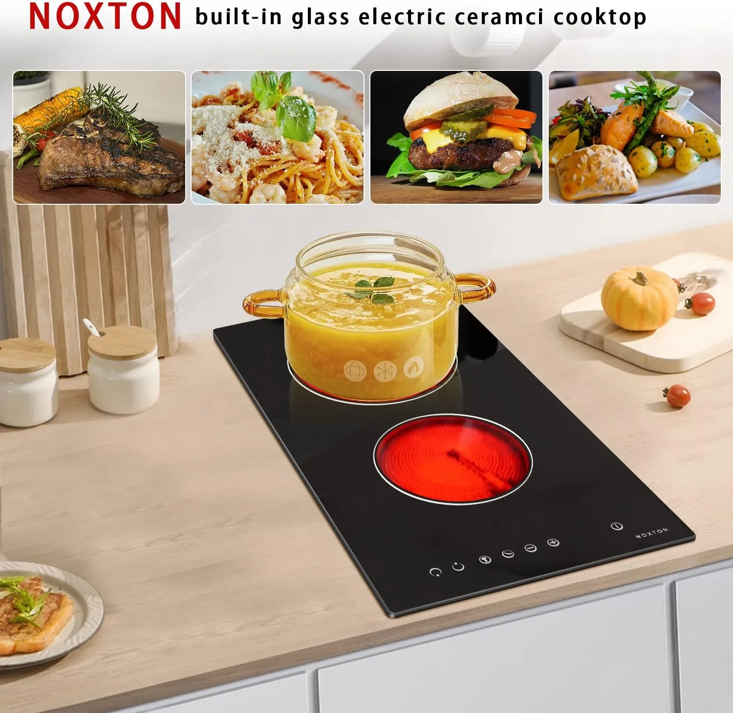 Noxton 2 Burner Electric Cooktop 12 Inch, Built-in Electric Radiant Ceramic Stove Top, Sensor Touch Control, Child Safety Lock, Timer, 3000W, Hard Wire for 220V~240V