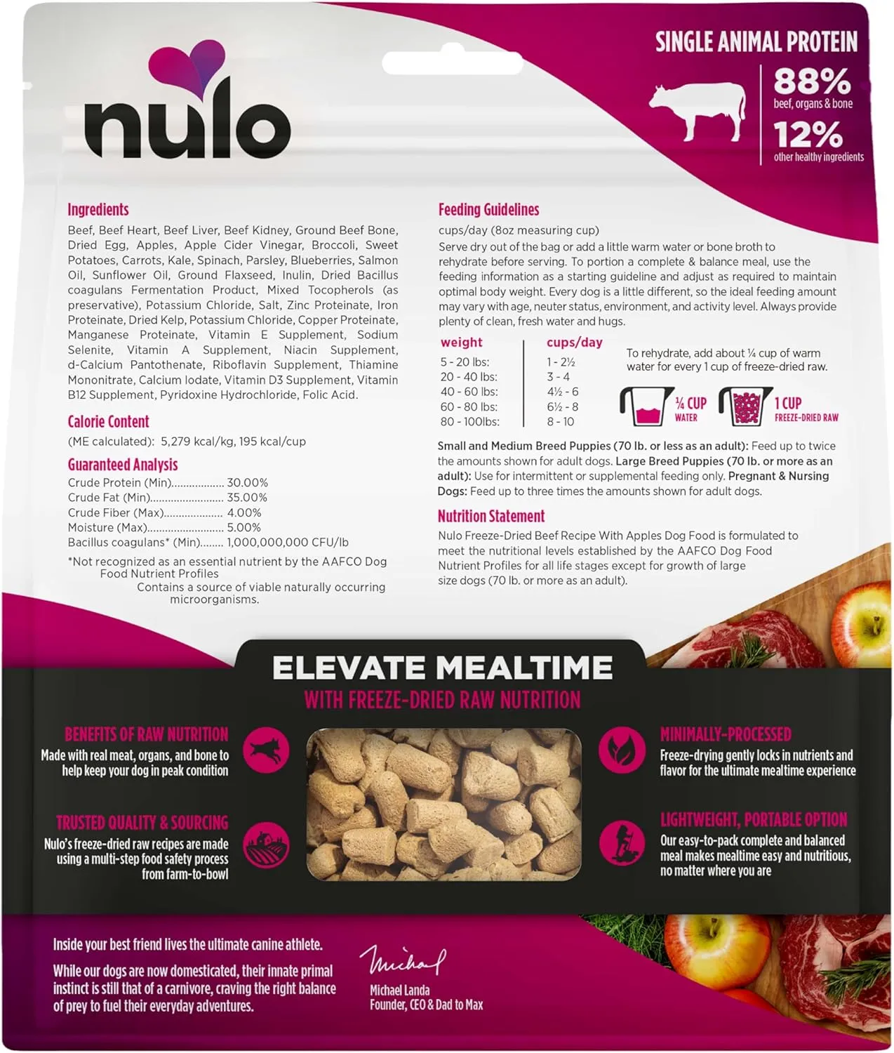 Nulo Freeze-Dried Raw Beef Recipe with Apples Complete and Balanced Dry Dog Food Kibble, 8 Ounce Bag