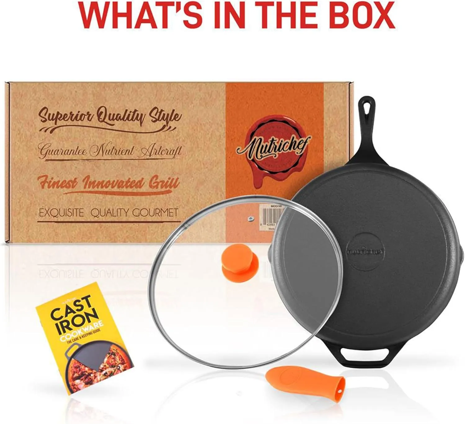 NutriChef 10 Inch Cast Iron Skillet with Lid - Pre-Seasoned Small Fry Pan with Side Drip Spout and Silicone Handle