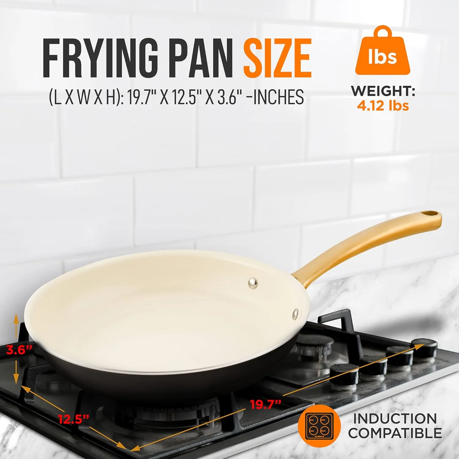 NutriChef 12-Inch Professional Ceramic Frying Pan - Large Skillet with Golden Titanium Handle, Non-Stick Ceramic Coating, Stain-Resistant, Easy to Clean, Ideal for Home Cooking