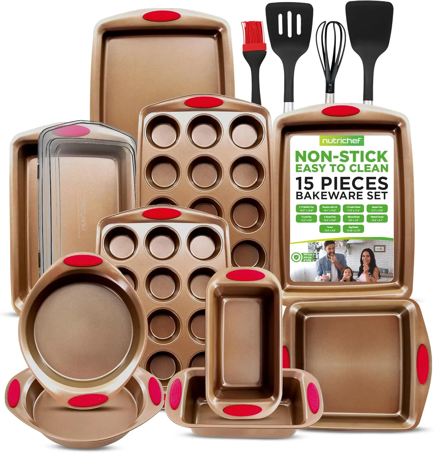 NutriChef 15-Piece Stackable Baking Pan Set - Nonstick Easy to Clean Coating Carbon Steel Bakeware, Professional Home Kitchen Bakeware with Cookie Sheet Trays & Red Silicone Handles (Gold)