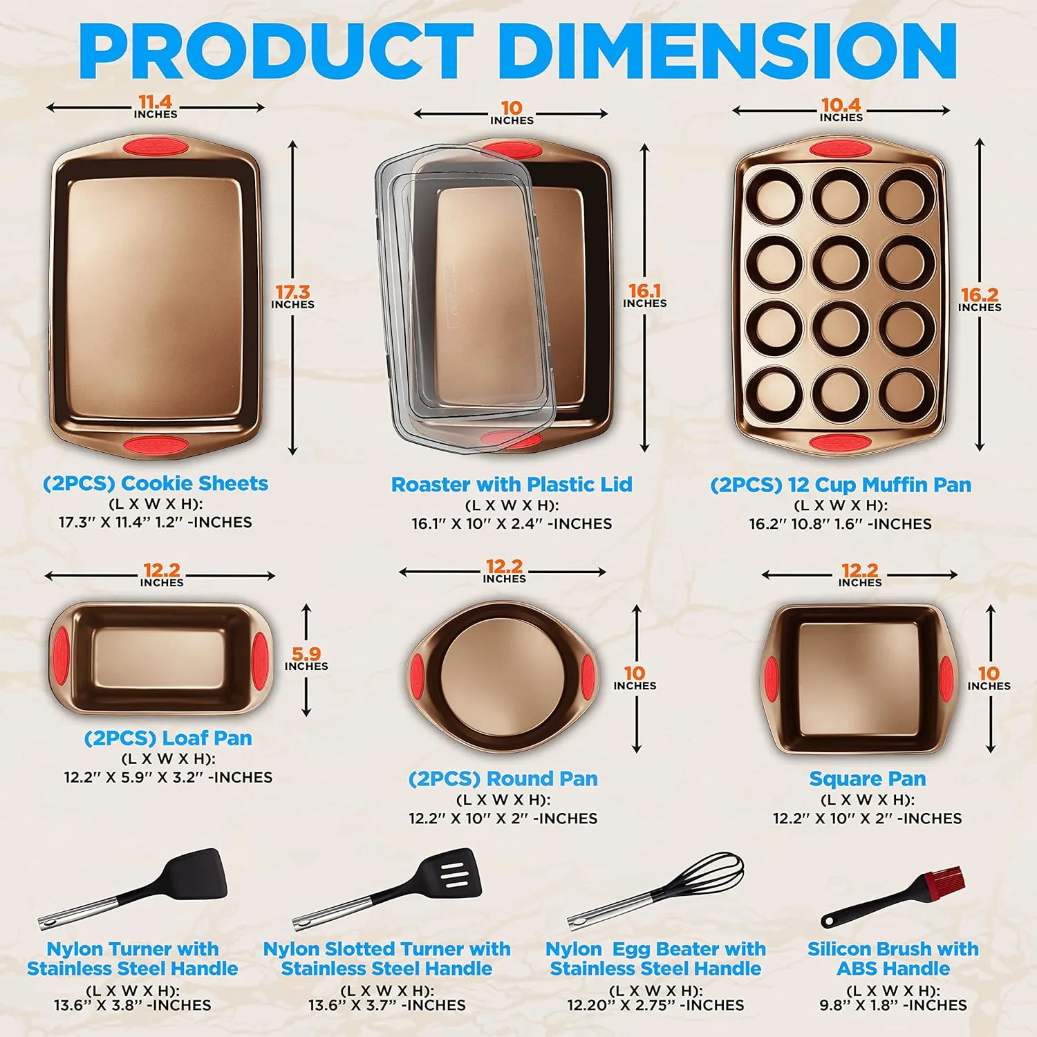NutriChef 15-Piece Stackable Baking Pan Set - Nonstick Easy to Clean Coating Carbon Steel Bakeware, Professional Home Kitchen Bakeware with Cookie Sheet Trays & Red Silicone Handles (Gold)
