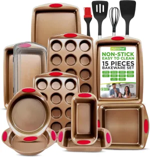 NutriChef 15-Piece Stackable Baking Pan Set - Nonstick Easy to Clean Coating Carbon Steel Bakeware, Professional Home Kitchen Bakeware with Cookie Sheet Trays & Red Silicone Handles (Gold)