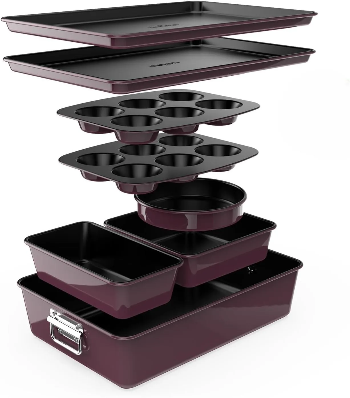 NutriChef 8-Piece Nonstick Stackable Bakeware Set - PFOA, PFOS, PTFE Free Baking Tray Set w/Non-Stick Coating, 450°F Oven Safe, Round Cake, Loaf, Muffin, Wide/Square Pans, Cookie Sheet (Plum)