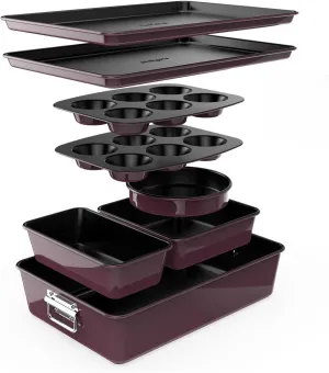 NutriChef 8-Piece Nonstick Stackable Bakeware Set - PFOA, PFOS, PTFE Free Baking Tray Set w/Non-Stick Coating, 450°F Oven Safe, Round Cake, Loaf, Muffin, Wide/Square Pans, Cookie Sheet (Plum)