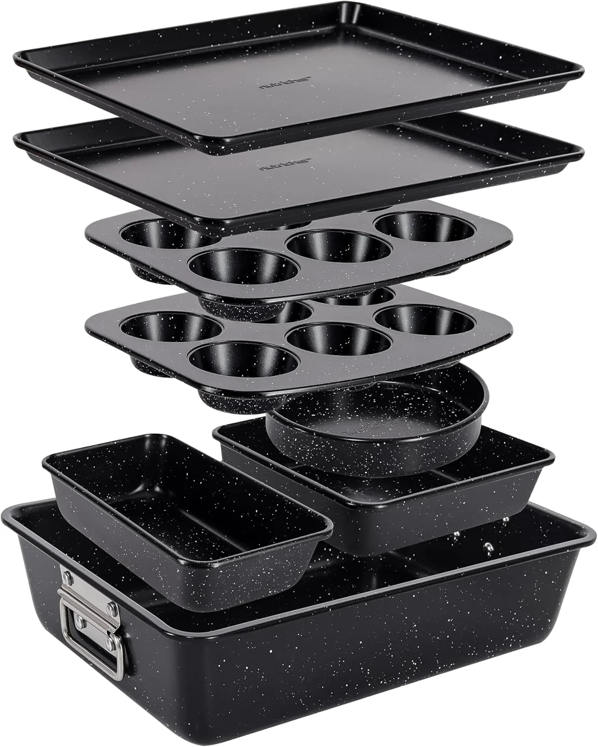NutriChef 8-Piece Stackable Bakeware Set | Carbon Steel Non-Stick Baking Pan Set | Includes Sheet, Muffin, Round, Loaf, Square Cake & Deep Pans | No PFOA & PFOS | Oven Safe to 450 F (Black Marble)