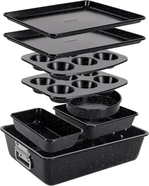NutriChef 8-Piece Stackable Bakeware Set | Carbon Steel Non-Stick Baking Pan Set | Includes Sheet, Muffin, Round, Loaf, Square Cake & Deep Pans | No PFOA & PFOS | Oven Safe to 450 F (Black Marble)