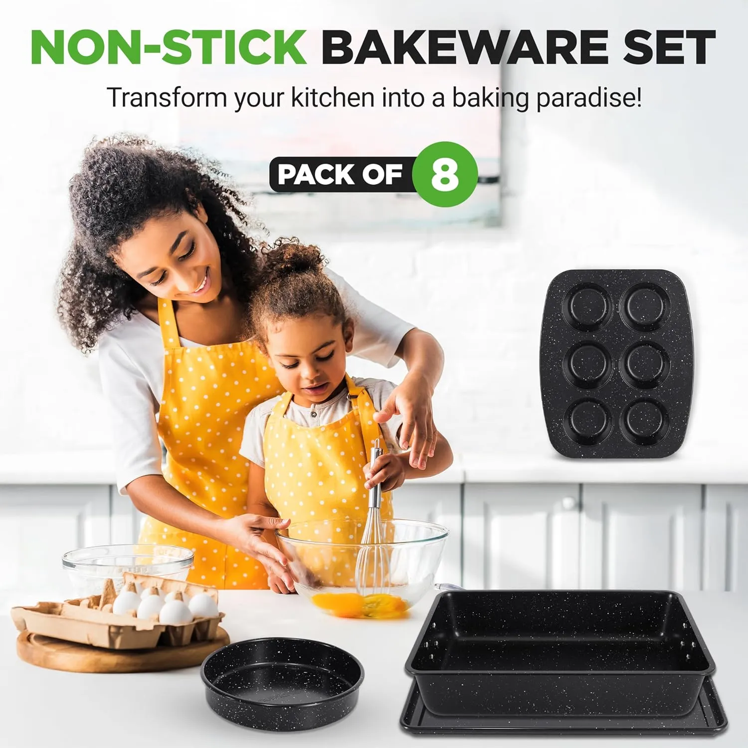 NutriChef 8-Piece Stackable Bakeware Set | Carbon Steel Non-Stick Baking Pan Set | Includes Sheet, Muffin, Round, Loaf, Square Cake & Deep Pans | No PFOA & PFOS | Oven Safe to 450 F (Black Marble)