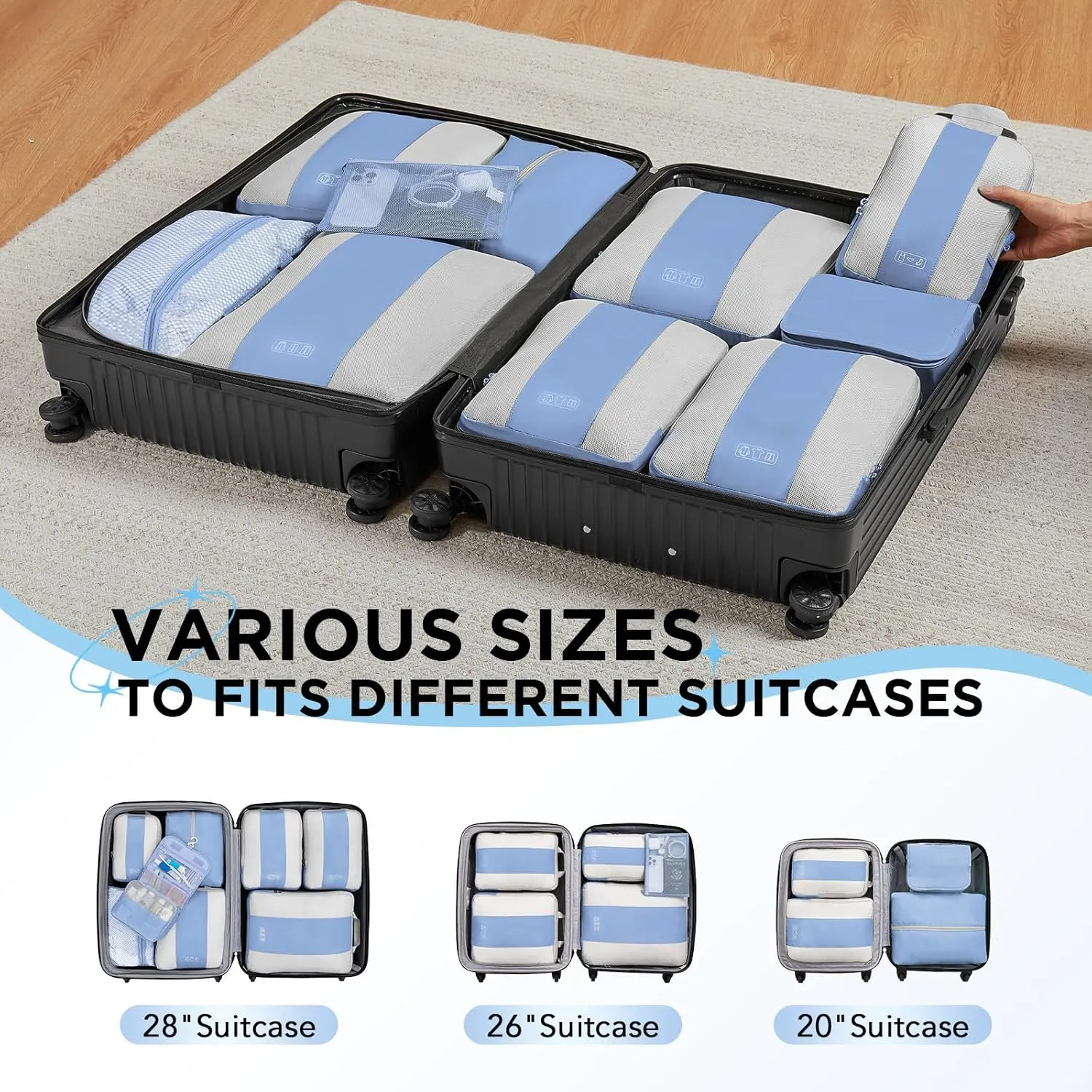 OlarHike 10 Set Compression Packing Cubes for Travel Essentials,Compressible Expandable Packing Cubes for Suitcase,Luggage Organizer Bags for Travel,Handy Helper for Organizing Clothes(Light Blue)