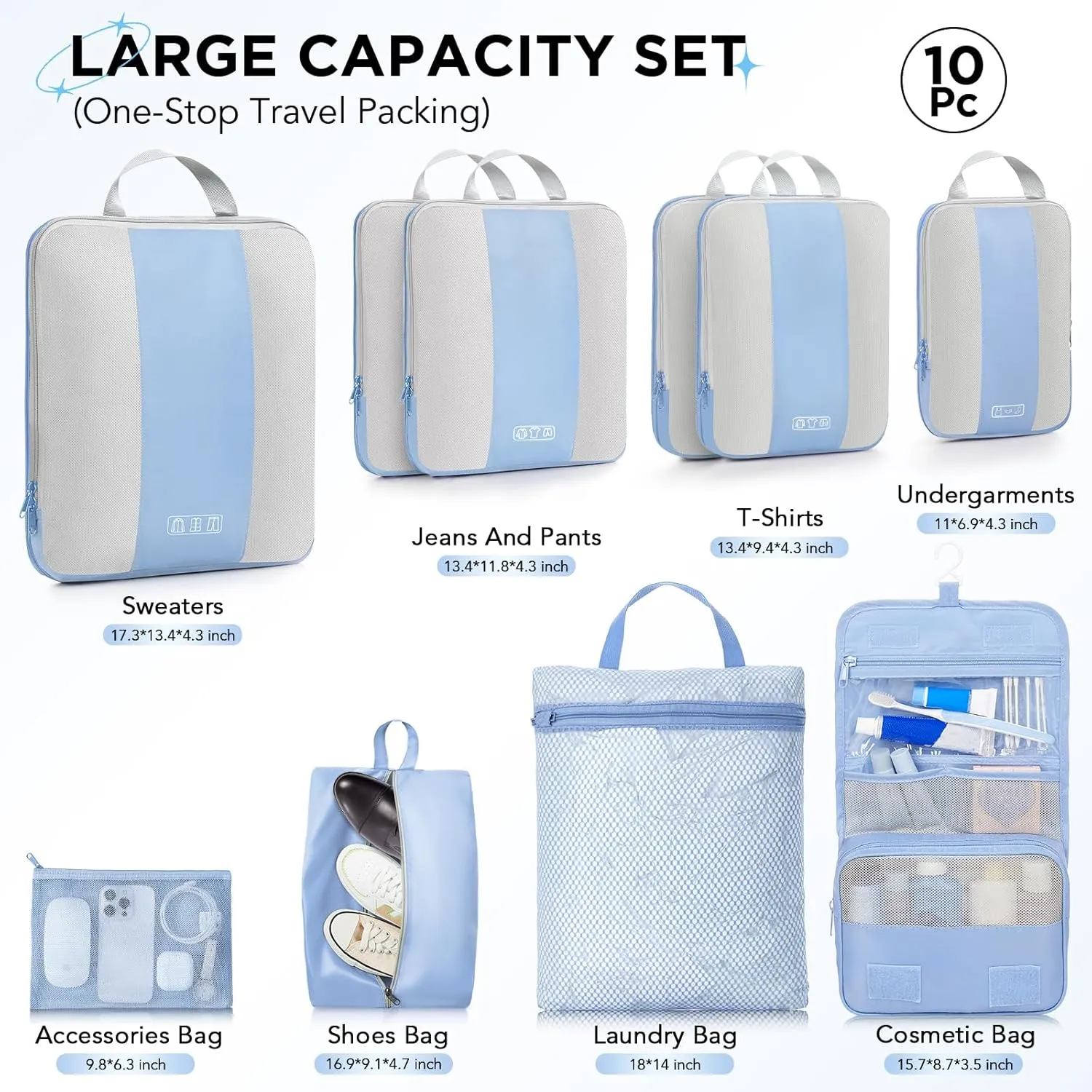 OlarHike 10 Set Compression Packing Cubes for Travel Essentials,Compressible Expandable Packing Cubes for Suitcase,Luggage Organizer Bags for Travel,Handy Helper for Organizing Clothes(Light Blue)