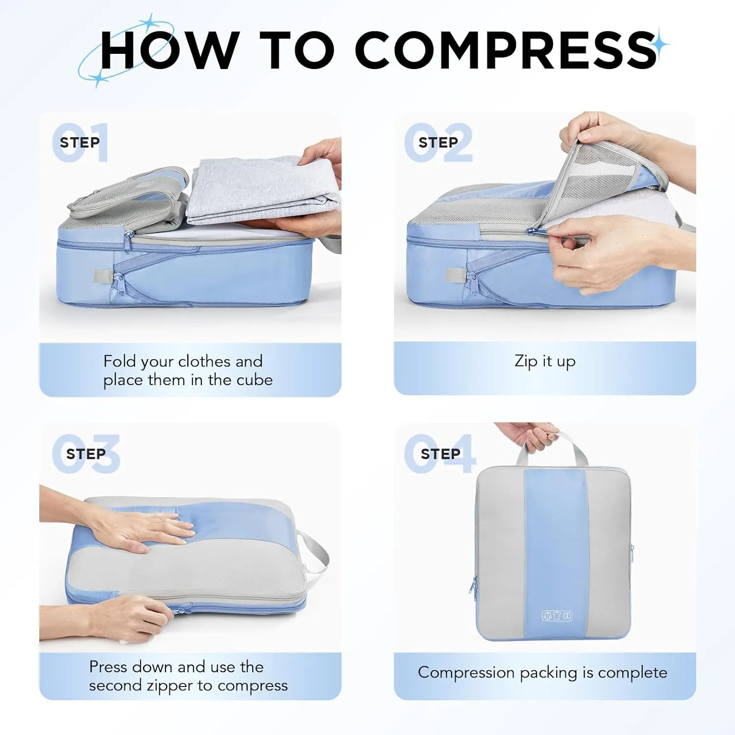 OlarHike 10 Set Compression Packing Cubes for Travel Essentials,Compressible Expandable Packing Cubes for Suitcase,Luggage Organizer Bags for Travel,Handy Helper for Organizing Clothes(Light Blue)
