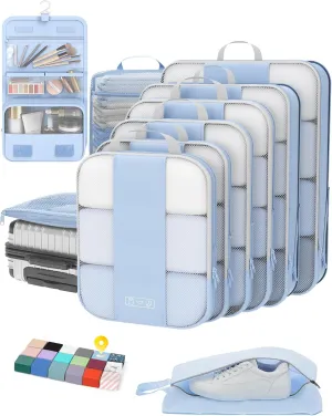 OlarHike 10 Set Compression Packing Cubes for Travel Essentials,Compressible Expandable Packing Cubes for Suitcase,Luggage Organizer Bags for Travel,Handy Helper for Organizing Clothes(Light Blue)